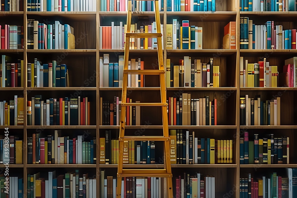 A sleek library interior showcasing neatly arranged bookshelves filled with books of different sizes and colors, accompanied by a polished wooden ladder. A sleek library interior showcasing neatly arranged bookshelves filled with books of different sizes and colors, accompanied by a polished wooden ladder.