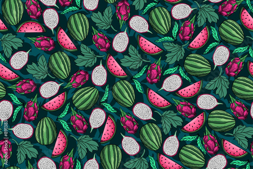 seamless pattern water melon and dragon fruit vector drawing