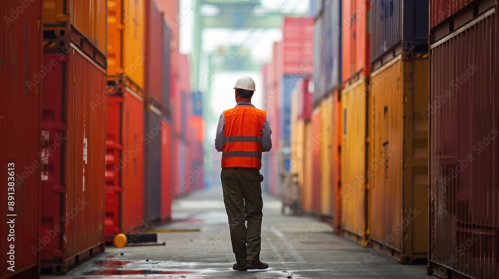 Obraz premium A worker in a safety vest and helmet walking through a shipping container yard, highlighting logistics and transportation industry.