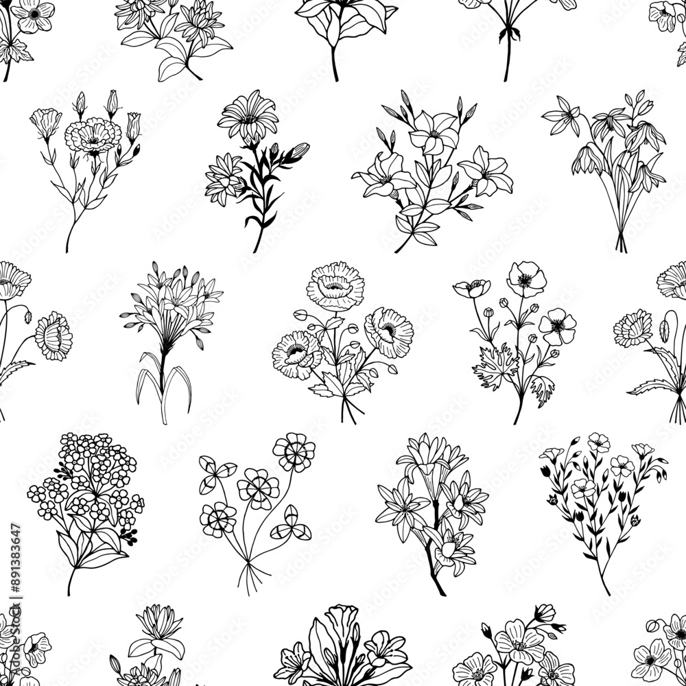 Seamless pattern of flowers. Vector stock illustration. Outline. Hand ...