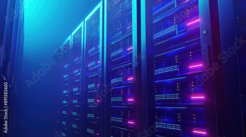 Data center server racks and big data storage concepts with blue light glow. banner, poster or cover design