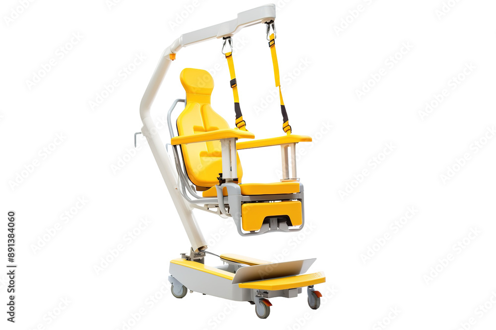 A Yellow Patient Lift Suspended in Mid-Air, Ready to Transport on a Clear PNG or White Background. A Yellow Patient Lift Suspended in Mid-Air, Ready to Transport on a Clear PNG or White Background.