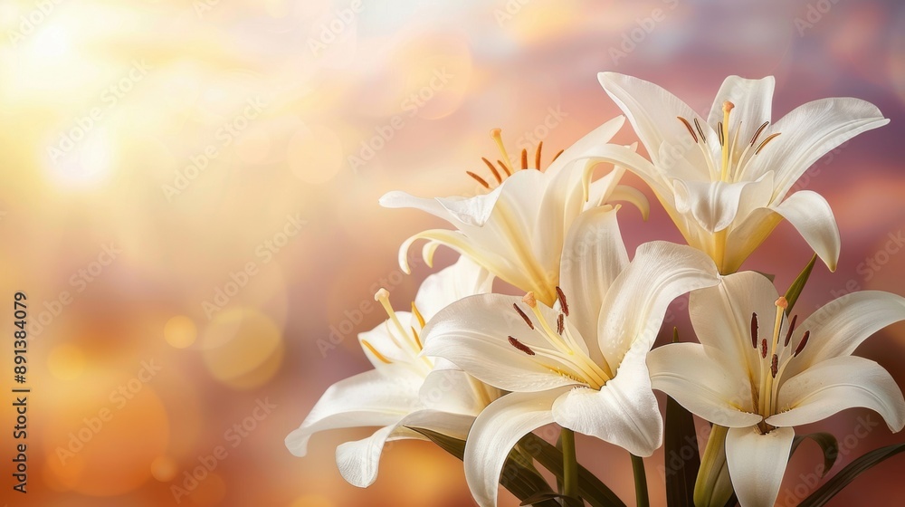 Fototapeta premium Elegant white lilies blooming in soft golden light, capturing their beauty and serene atmosphere.