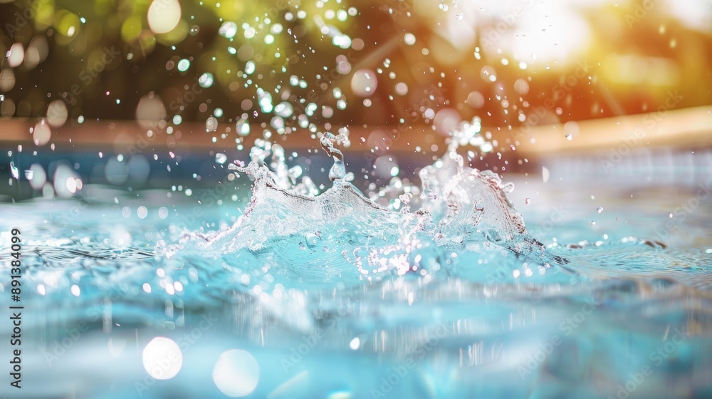 Close-up of a splash of water in a swimming pool with sunlight reflecting off the droplets, creating a refreshing scene. Close-up of a splash of water in a swimming pool with sunlight reflecting off the droplets, creating a refreshing scene.