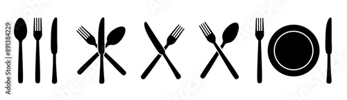 Silverware icons. Fork, knife, plate and spoon. Menu symbol. Black silverware icon. Vector illustration.