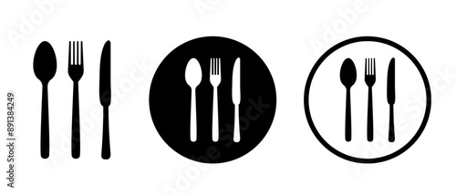 Silverware icons. Fork, knife and spoon. Menu symbol. Black silverware icon. Vector illustration.