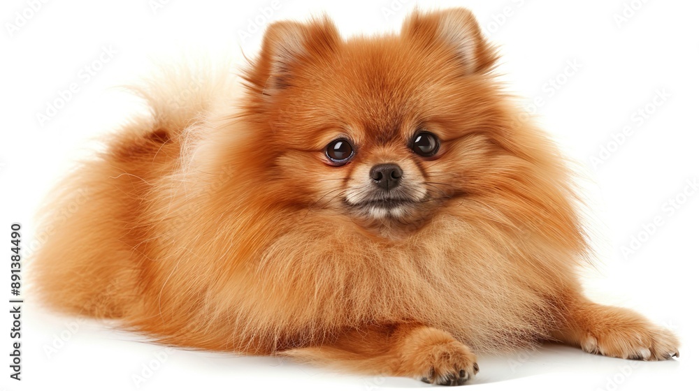 A Pomeranian with a fluffy and luxurious coat, isolated on a white background. A Pomeranian with a fluffy and luxurious coat, isolated on a white background.