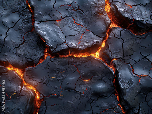 Aerial view of the texture of a solidifying lava field, close-up photo