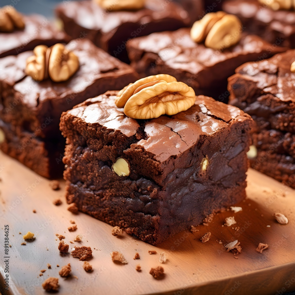 Close-Up of Fudgy Brownies with Walnut Topping - Delicious Dessert, Rich Chocolate Flavor, High Detail Close-Up of Fudgy Brownies with Walnut Topping - Delicious Dessert, Rich Chocolate Flavor, High Detail