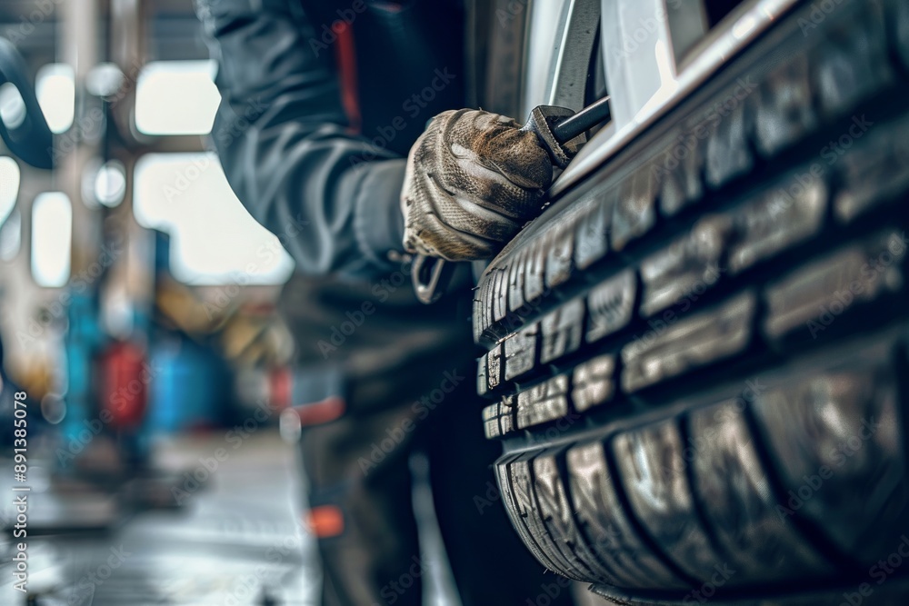 Professional Mechanic Fitting High-Performance Tire to Alloy Wheel in Clean Garage. Beautiful simple AI generated image in 4K, unique. Professional Mechanic Fitting High-Performance Tire to Alloy Wheel in Clean Garage. Beautiful simple AI generated image in 4K, unique.