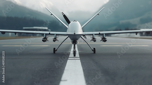 Modern military grey predator drone ready for takeoff on the runway, equipped with cutting-edge technology for reconnaissance over the mountains.