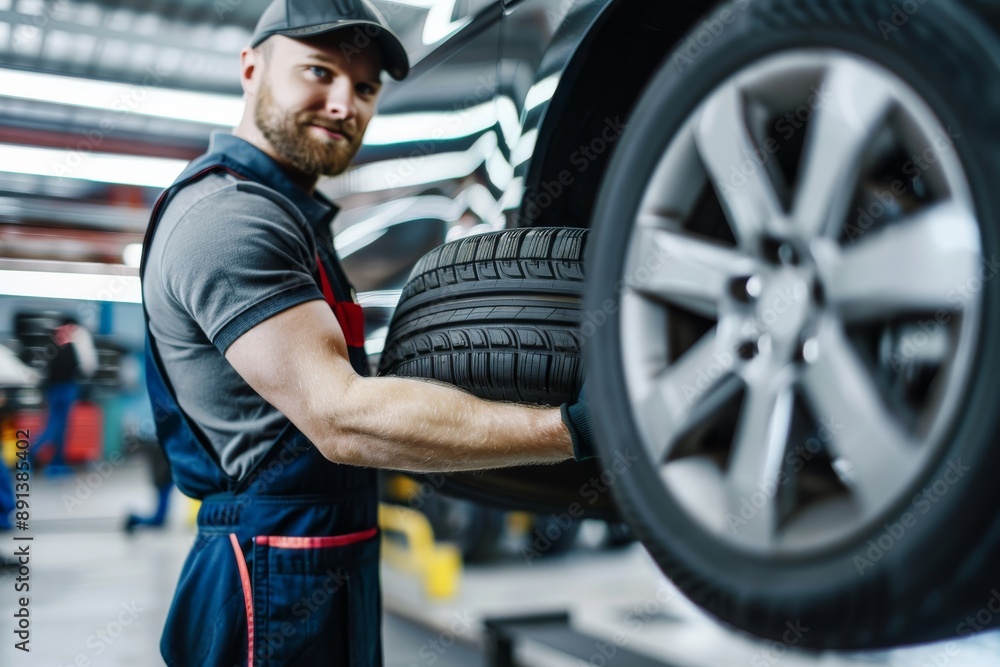 Professional Mechanic Fitting High-Performance Tire to Alloy Wheel in Clean Garage. Beautiful simple AI generated image in 4K, unique. Professional Mechanic Fitting High-Performance Tire to Alloy Wheel in Clean Garage. Beautiful simple AI generated image in 4K, unique.