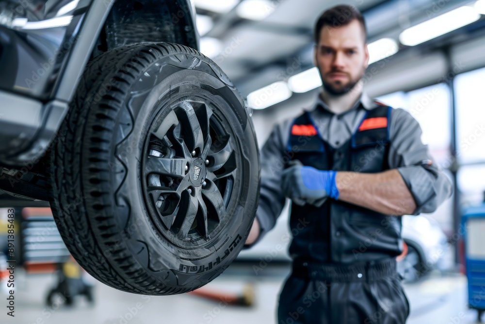 Close - up view of a mechanic at work, changing tires and wheels in a service center. Generative AI. Beautiful simple AI generated image in 4K, unique.