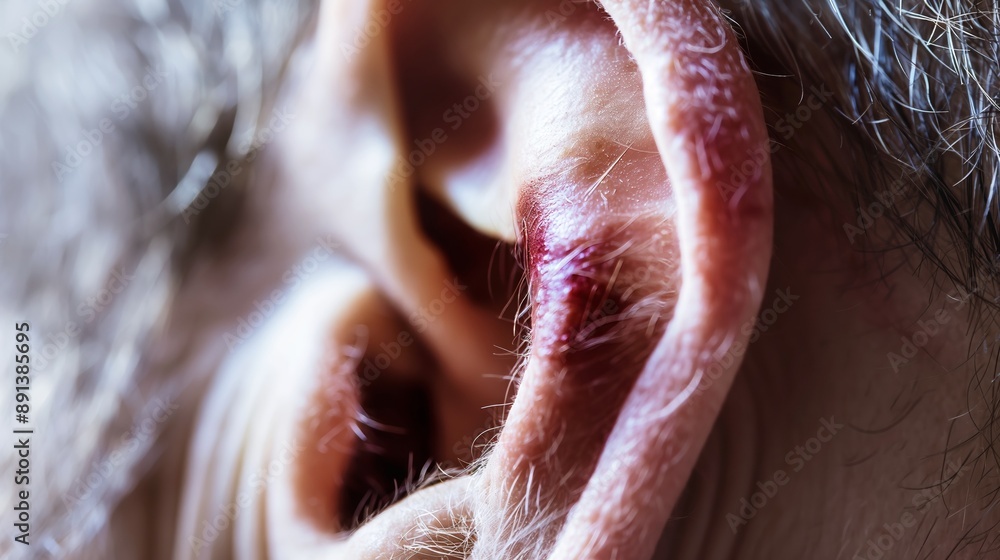 Fototapeta premium Closeup of person ear with red irritated patch of skin indicating inflammation and discomfort, suggesting need for care