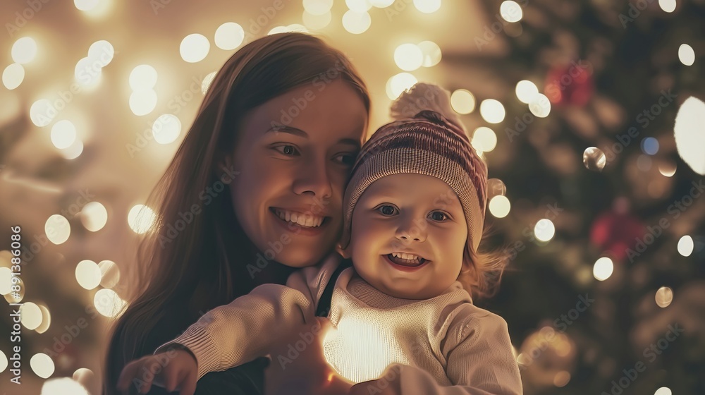 Mother and Toddler Celebrating Christmas Together, Cozy Fireplace, Opening Presents, Decorating Tree with Lights and Ornaments Mother and Toddler Celebrating Christmas Together, Cozy Fireplace, Opening Presents, Decorating Tree with Lights and Ornaments