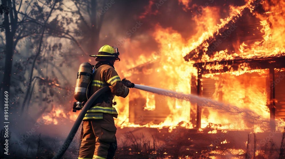 Naklejka premium A Fireman Extinguishes a Burning House