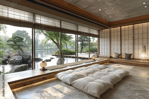 Japanese-Style Bedroom A serene bedroom with tatami mats, a low platform bed, and shoji screens. Include minimalist decor and a Zen garden view. © Nico