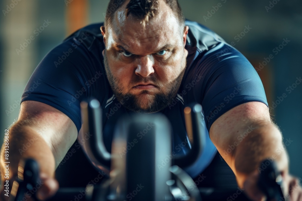 Determined overweight man doing intense exercise bike training Determined overweight man doing intense exercise bike training