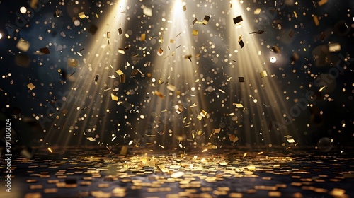 Wallpaper Mural golden confetti rain on festive stage with light beam in the middle, empty room at night mockup with copy space for award ceremony, jubilee, New Year's party or product presentations Torontodigital.ca