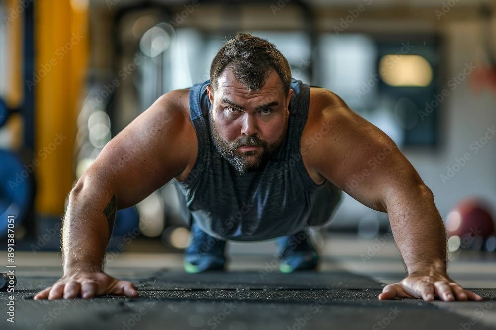 Determined male athlete doing pushups during cross training workout Determined male athlete doing pushups during cross training workout