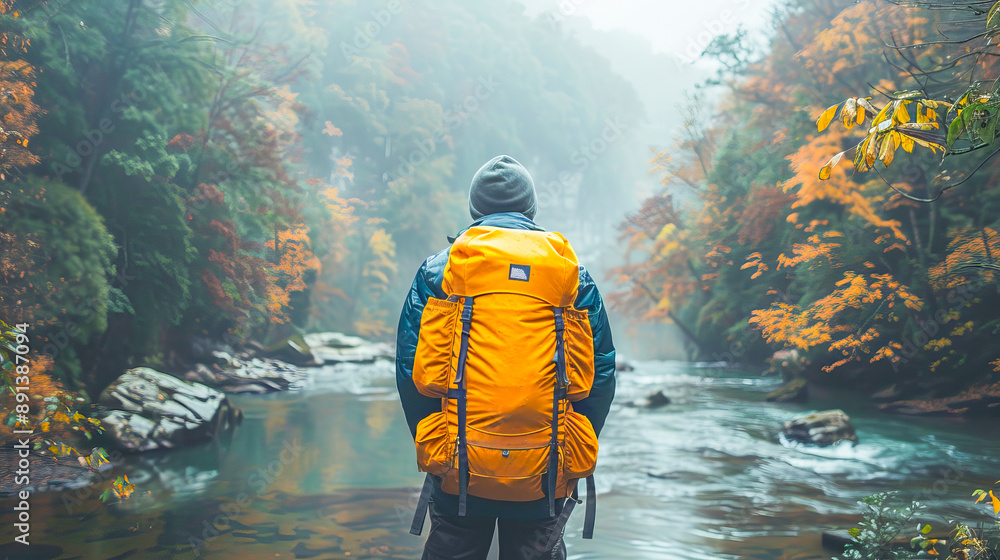 Hiker standing by river admiring misty autumn forest scenery Hiker standing by river admiring misty autumn forest scenery