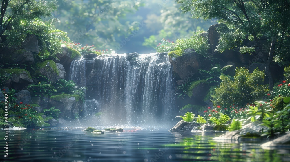 Serene Minimalist Waterfall in Rainy Season - Hyper-Realistic 3D Rendering of Cascading Water with Ethereal Atmosphere Serene Minimalist Waterfall in Rainy Season - Hyper-Realistic 3D Rendering of Cascading Water with Ethereal Atmosphere