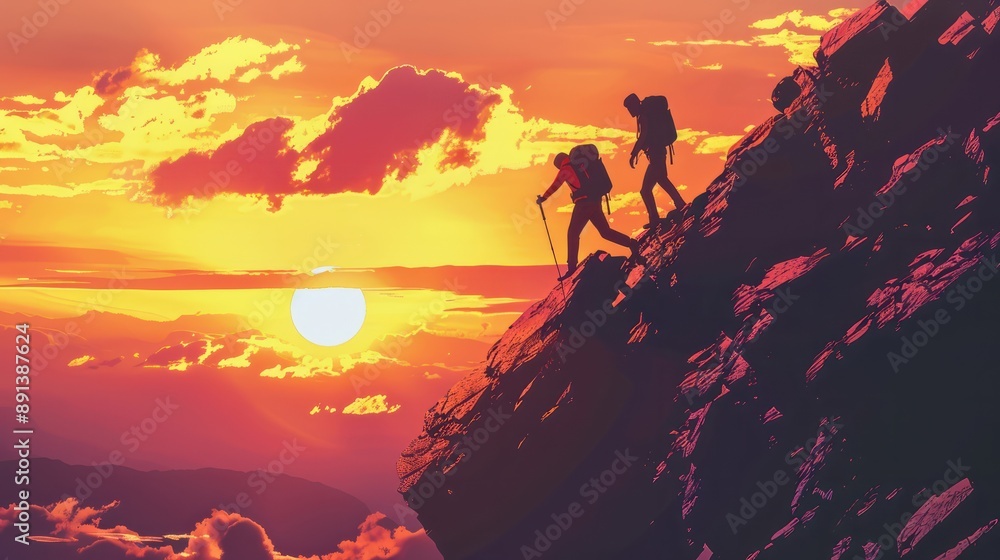 Hiker helping friend reach the mountain top, Generative Ai illustration Hiker helping friend reach the mountain top, Generative Ai illustration