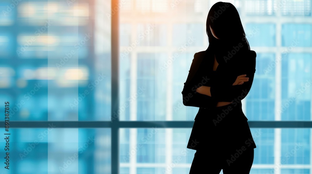 Fototapeta premium A striking silhouette of a businesswoman bathed in sunlight.