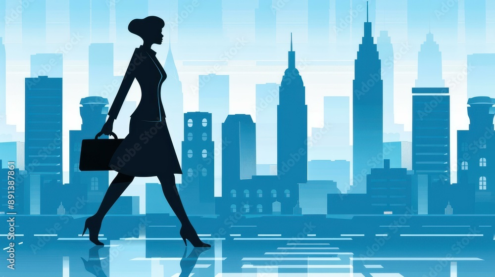 Obraz premium Elegant silhouette of a businesswoman standing tall at sunrise with a city skyline in the background.