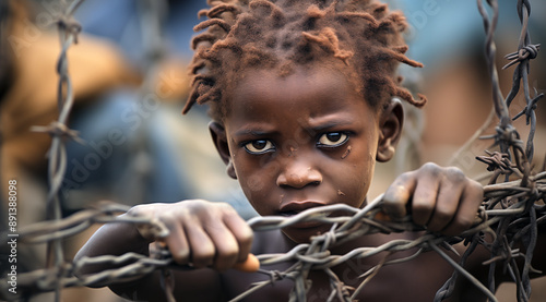 Un enfant africain dans un camp de réfugiés symbolisant le conflit et la guerre, concept de drame humanitaire. photo