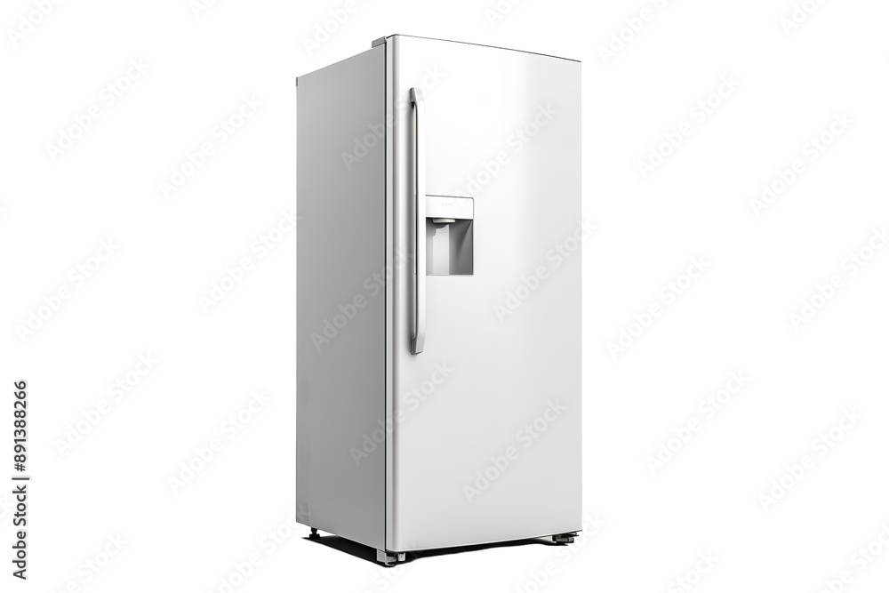 A Gleaming White Refrigerator With a Sleek Water Dispenser in a Studio Setting on a Clear PNG or White Background.