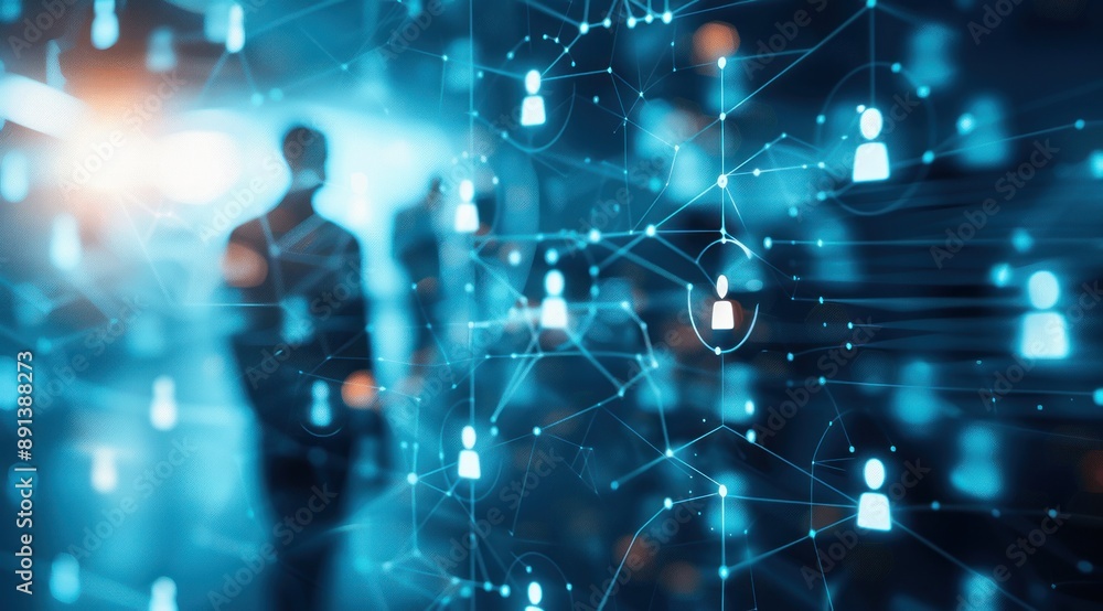 Concept de médias sociaux, fond de technologie numérique avec des icônes de personnes lumineuses et des silhouettes d'hommes d'affaires floues. Concept de médias sociaux, fond de technologie numérique avec des icônes de personnes lumineuses et des silhouettes d'hommes d'affaires floues.