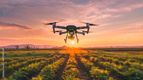 Drones hovering over crop fields, illustrating the shift towards precision farming for higher yields.