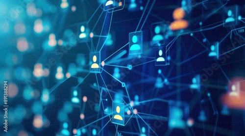 Arrière-plan technologique numérique avec icônes de médias sociaux et avatars de personnes sur un écran numérique bleu.