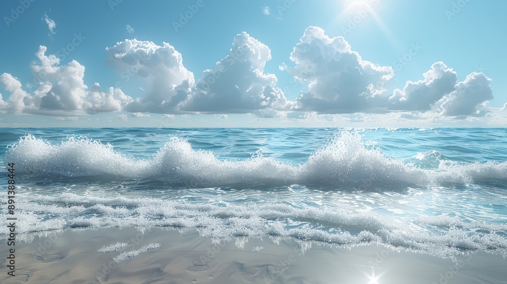Obraz premium Serene 3D Rendering of Minimalist Beach with Smooth Sand, Gentle Waves, and Clear Blue Sky