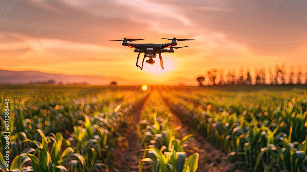 Drones in action above crop fields, representing the future of farming with precision agriculture techniques. Drones in action above crop fields, representing the future of farming with precision agriculture techniques.