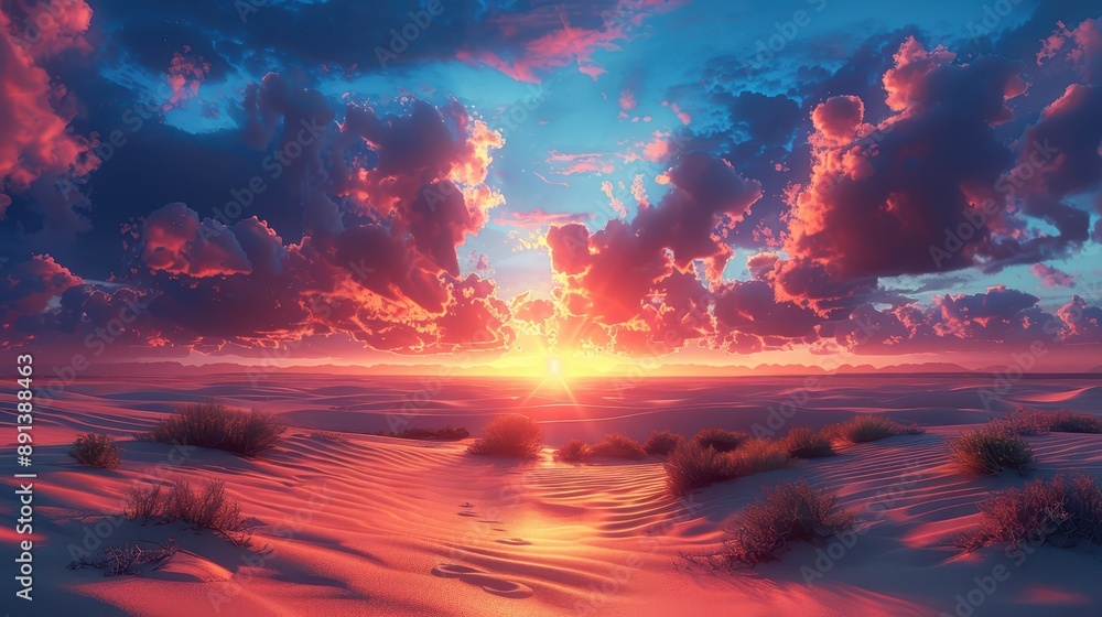 Fototapeta premium Majestic Hyper-Realistic 3D Rendering of Vibrant Sunset Over Desert Sand Dunes with Colorful Sky
