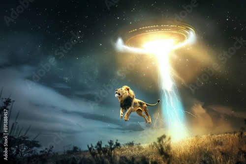 Lion escaping earth by ufo beam with lightning at night
