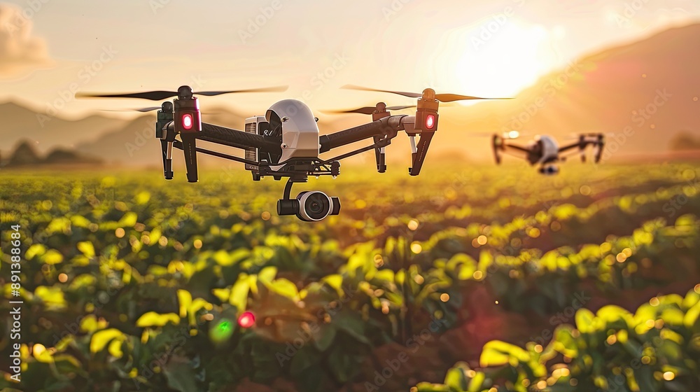 Drones in flight over agricultural lands, showcasing the benefits of modern technology in farming. Drones in flight over agricultural lands, showcasing the benefits of modern technology in farming.