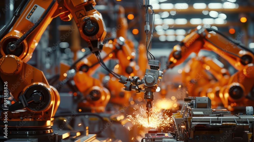 Industrial robotic arms performing fiery precision welding operations in a bright mechanical factory , robotics Industrial robotic arms performing fiery precision welding operations in a bright mechanical factory , robotics