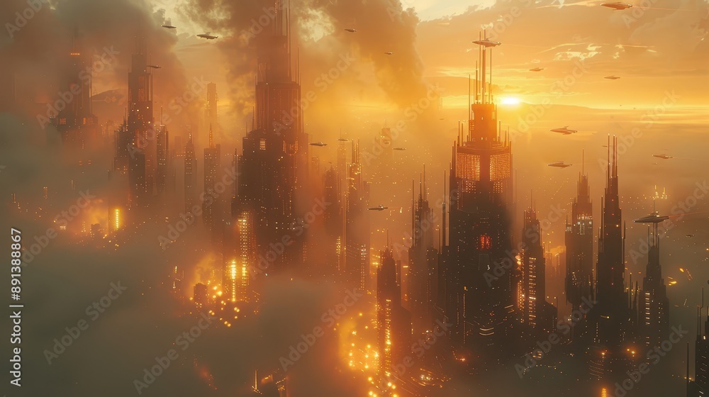 Fototapeta premium Futuristic Cityscape: Hyper-Realistic 3D Rendering of Modern Skyscrapers, Flying Vehicles, and High-Tech Ambiance