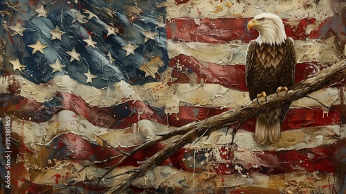 Patriotic Bald Eagle Perched on Branch with American Flag Draped Background