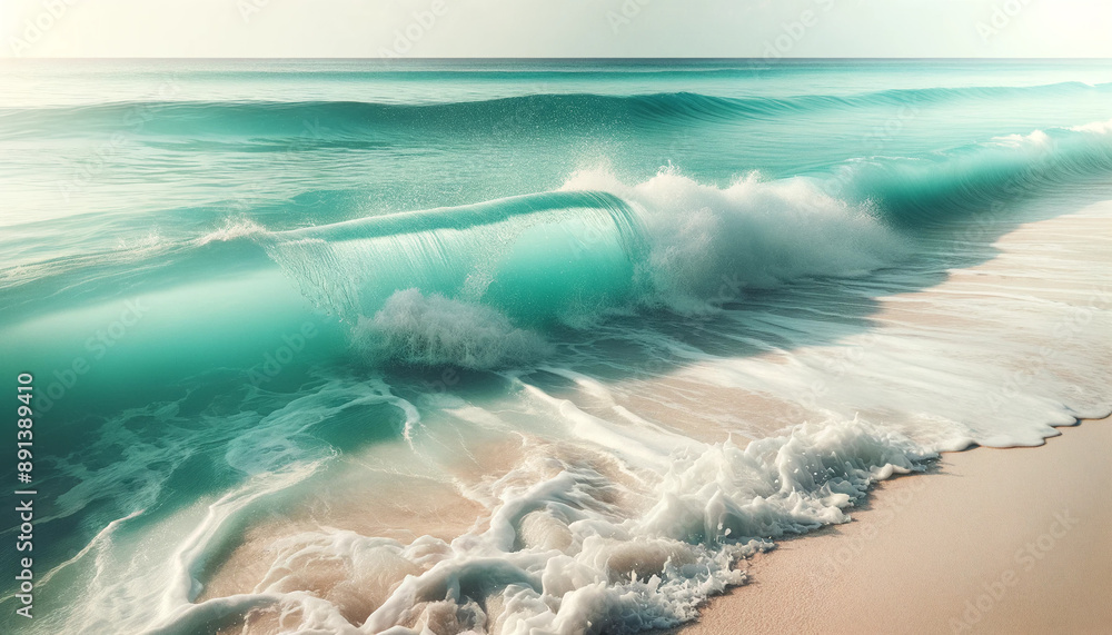 Fototapeta premium A seascape of mint sea waves with spray and foam near the shore. The image is wide, showcasing the gentle but lively motion of the waves. Wallpaper. Design. Cover. Tourism.