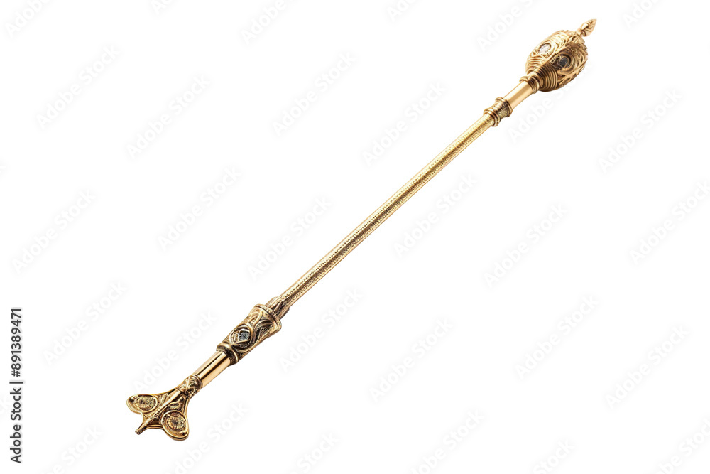 An Ornate Golden Scepter With Intricate Detailing, Resplendent and Ready for Ceremony on a Clear PNG or White Background. An Ornate Golden Scepter With Intricate Detailing, Resplendent and Ready for Ceremony on a Clear PNG or White Background.