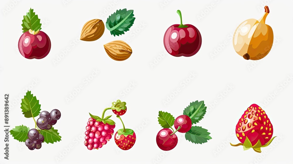 Minimalist flat-style icons of berries and nuts, on a clean white background. Minimalist flat-style icons of berries and nuts, on a clean white background.