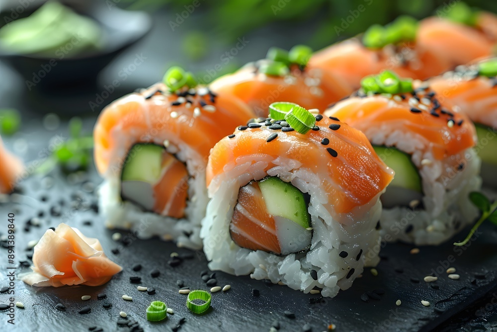 Fresh Sushi Rolls with Salmon and Avocado - Ideal for Restaurant Menus, Food Blogs, and Cooking Inspiration Fresh Sushi Rolls with Salmon and Avocado - Ideal for Restaurant Menus, Food Blogs, and Cooking Inspiration
