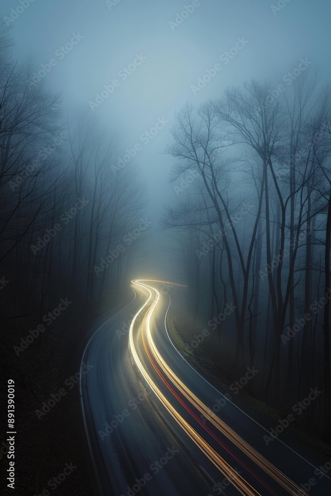 Winding road through a foggy forest at twilight Winding road through a foggy forest at twilight