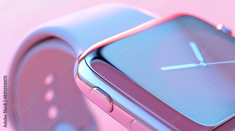 a sleek smart watch displaying the clock interface, elegant and clean UI, smooth curves and reflections on the watch screen, soft shadows a sleek smart watch displaying the clock interface, elegant and clean UI, smooth curves and reflections on the watch screen, soft shadows