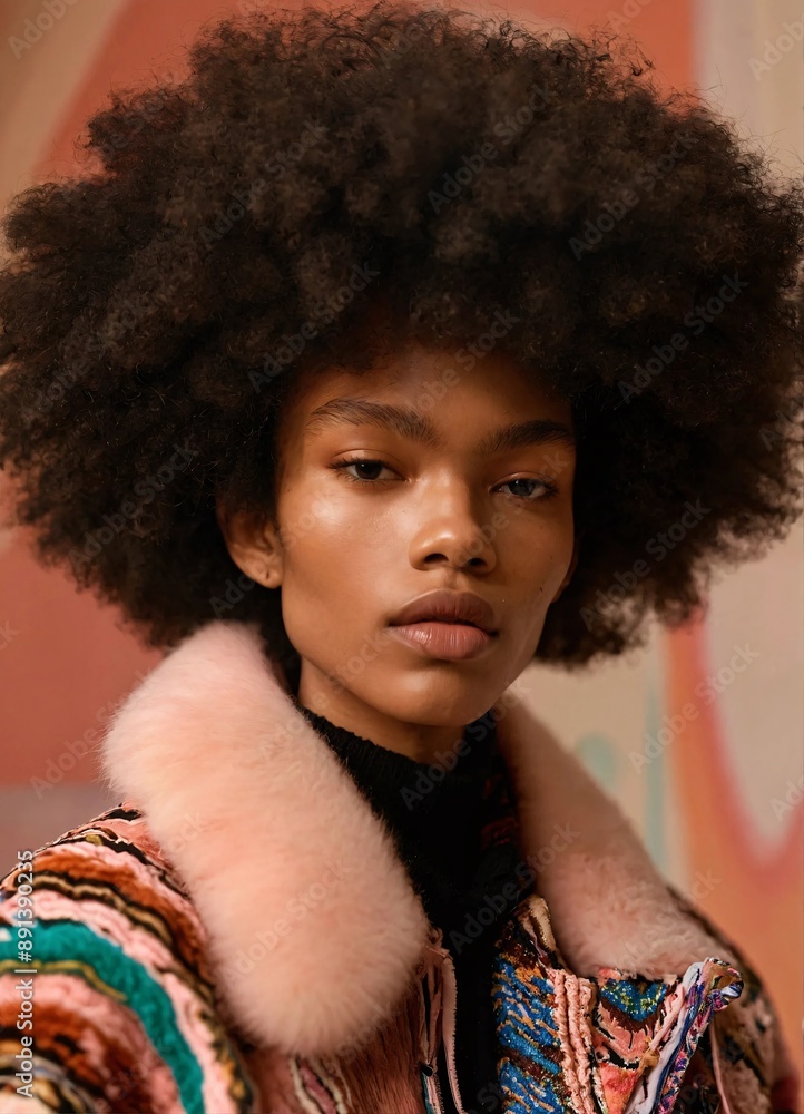 Portrait of a confident young woman with a vibrant afro hairstyle, wearing a colorful patterned jacket. Her gaze is strong and direct, exuding an air of power and individuality. The image is striking Portrait of a confident young woman with a vibrant afro hairstyle, wearing a colorful patterned jacket. Her gaze is strong and direct, exuding an air of power and individuality. The image is striking