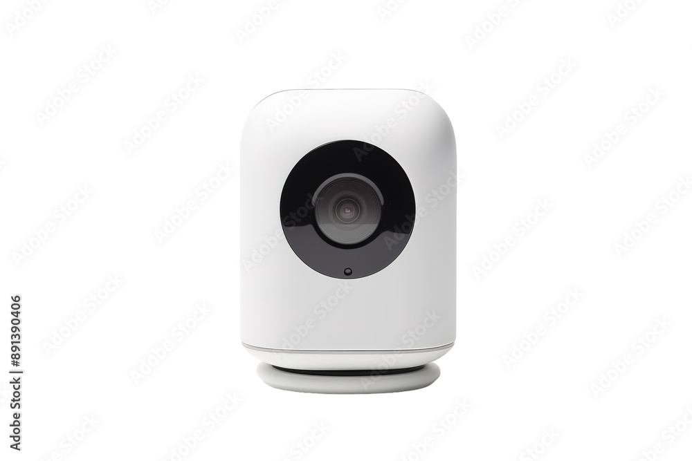 Fototapeta premium A White Home Security Camera With A Circular Lens Facing Forward on a Clear PNG or White Background.